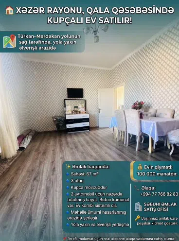 3 otaqlı həyət evi 67 m² satılır - Tenderyard